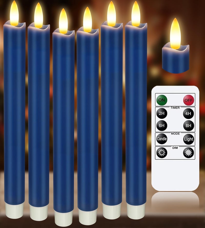 KSWING Upgraded Real Wax LED Flameless Navy Blue Taper Candles with Remote, 6 PCS Candlesticks Battery Operated 3D Flickering - 9.6" Long Realistic Fake Candle Sticks for Home/Wedding/Xmas Deco - Image 1